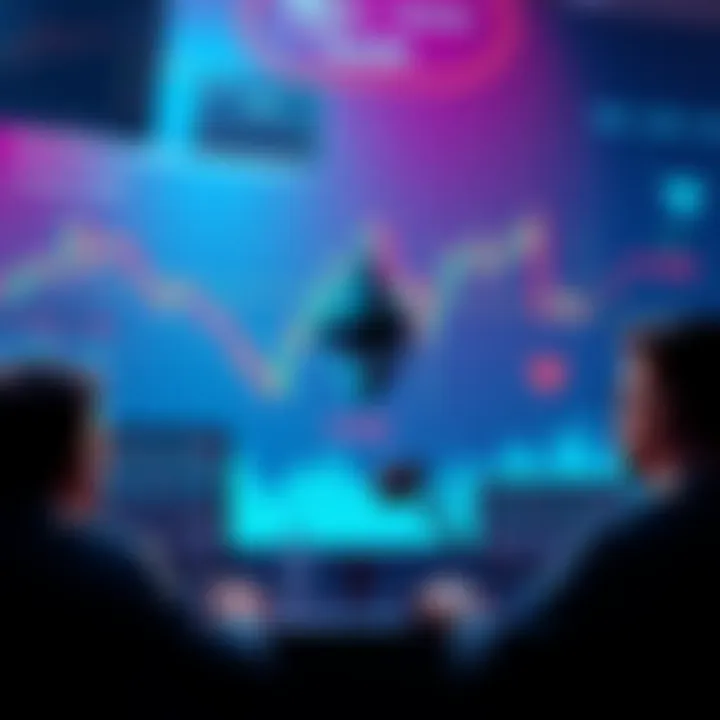 A downward chart showing Ethereum's price dropping below $2000, with worried investors looking at screens showing market trends.