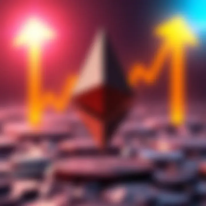 A graphic showing Ethereum logo with upward arrows and a bright background symbolizing price surge.
