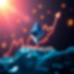 A visual representation of Ethereum's potential price rise to $20,000, with a graph showing upward trends and token symbols in the background.