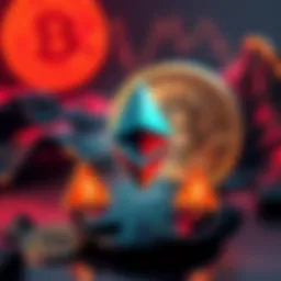 A graphic illustrating Ethereum with warning signs and Bitcoin in the background, showcasing investment concerns.