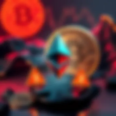 A graphic illustrating Ethereum with warning signs and Bitcoin in the background, showcasing investment concerns.