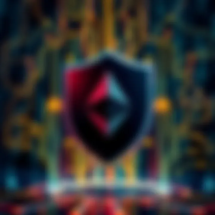 Ethereum security audit A graphic showing a digital shield and Ethereum logo symbolizing security testing and audits on the Ethereum network.