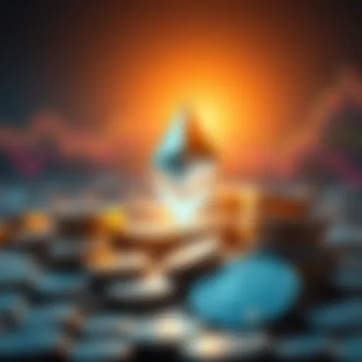 Ethereum symbol shining bright A glowing Ethereum symbol surrounded by coins representing the cryptocurrency market