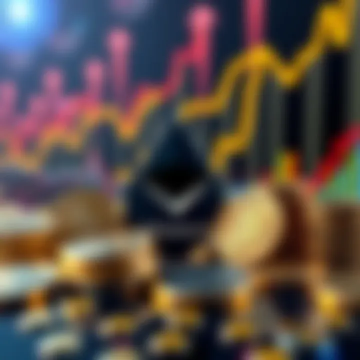 A visual representation of Ethereum staking with 44.1 million ETH locked, showing coins with upward trending graphs and a queue of ETH in the background.