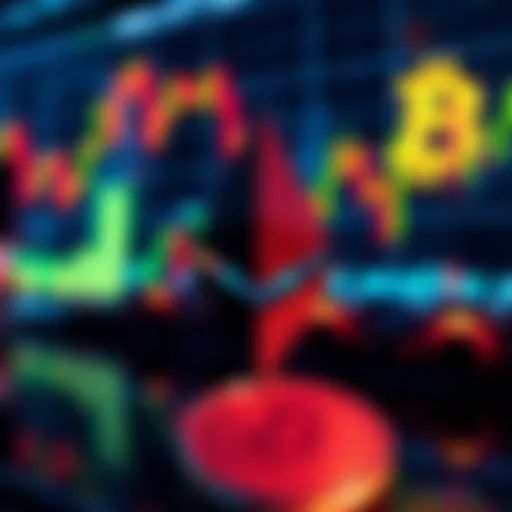 Ethereum Symbol Above 2000 Ethereum logo with a background showing market charts and Bitcoin symbol fluctuating