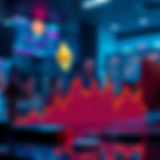A graph showing a downward trend in Ethereum's value, representing a 40% drop over the past nine months, with worried investors in the background looking at their screens.
