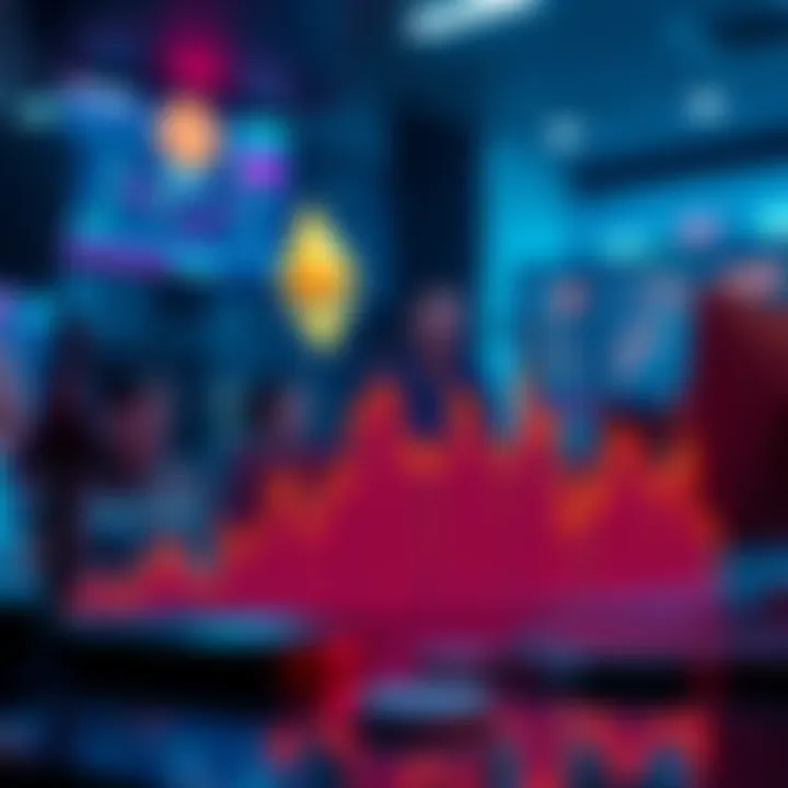 A graph showing a downward trend in Ethereum's value, representing a 40% drop over the past nine months, with worried investors in the background looking at their screens.