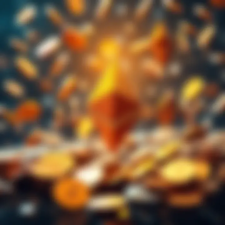 Ethereum logo surrounded by falling coins, symbolizing declining value