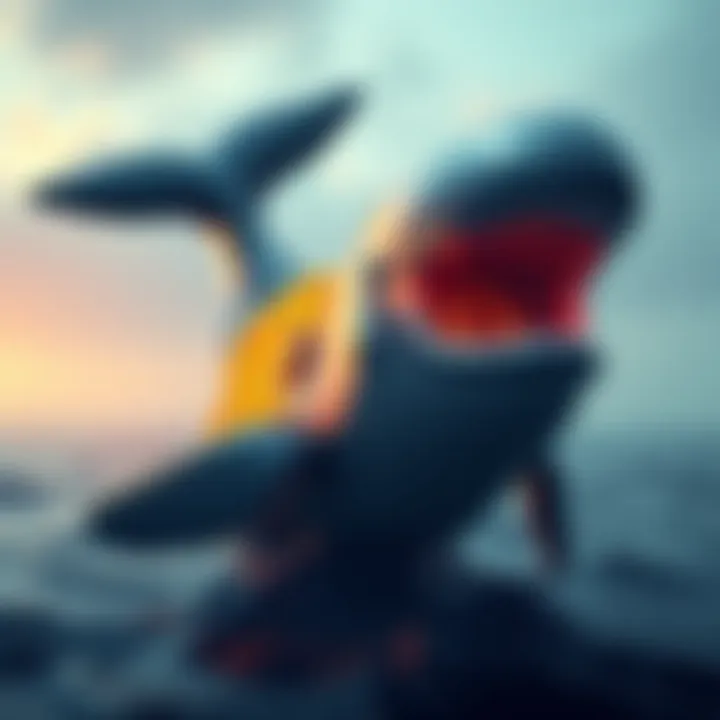 A large whale character holding Ethereum coins, showing confidence in the cryptocurrency market during a downturn.