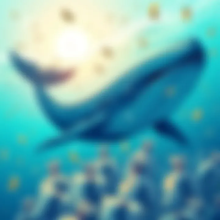 An illustration of a large Ethereum whale swimming with bags of money in the background, representing a $39M investment in ETH during a market decline.