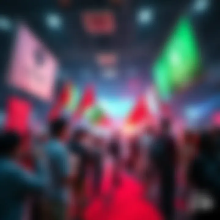 Participants engaging in the game 'Red Light, Green Light' at the EthTrader contest, surrounded by banners and raffle prizes.