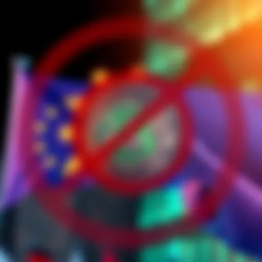 A graphic showing a digital currency symbol with a red prohibition sign over it, representing the EU's ban on cryptocurrency activities linked to Russia.