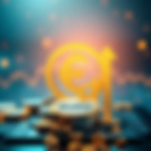 A graphic showing EURC stablecoin symbol with upward arrows depicting growth, alongside elements representing deposits and withdrawals on a digital platform.