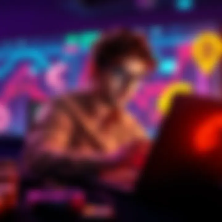 A person researching crypto trading options on a laptop with Euro Digital symbols nearby