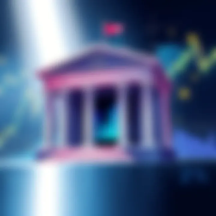 An illustration depicting the European Central Bank announcing a rate cut to 2%, with a backdrop of financial graphs and currency symbols representing global markets.