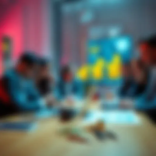 A group of European business people discussing cryptocurrency with a laptop and charts on the table