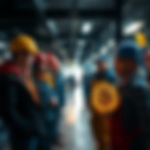 A group of everyday workers, including a plumber and a mechanic, discussing Bitcoin and its future in a casual setting.