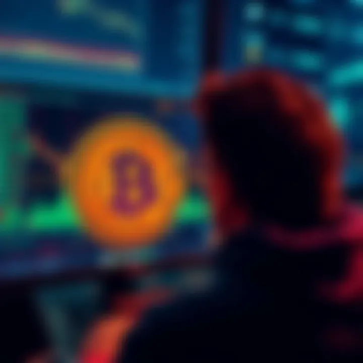 A person looking at a computer screen displaying cryptocurrency exchange charts and the Ecash logo, surrounded by financial symbols.