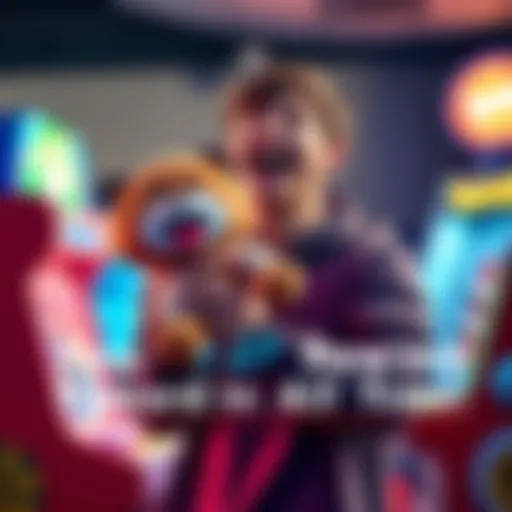 A happy player holding a big stuffed toy prize from an arcade game, celebrating their win