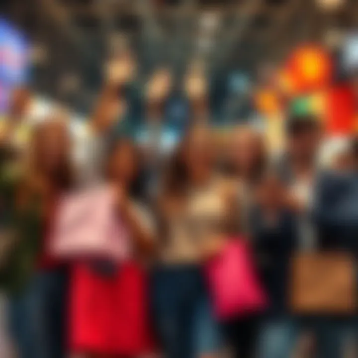 A group of happy people celebrating while holding shopping bags and checking their phones, showcasing a lively market atmosphere.