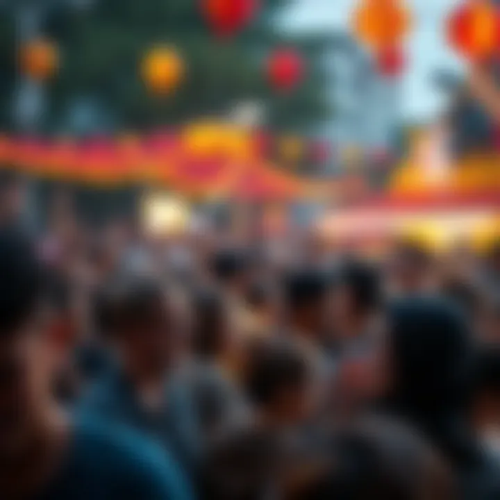 A lively crowd enjoying an outdoor festival with colorful decorations and smiles all around.