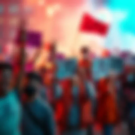 Excited crowd ready for action A vibrant group of diverse people, united in excitement, holding signs with 'LFG' as they prepare for a new initiative.