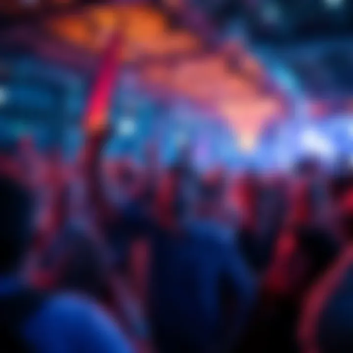 A diverse group of people cheering at a tech event with banners and lights
