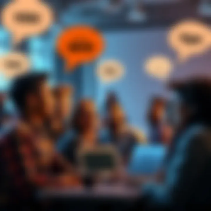 A group of diverse people engaging enthusiastically in an online forum discussion about bold predictions, with speech bubbles showing exciting ideas.