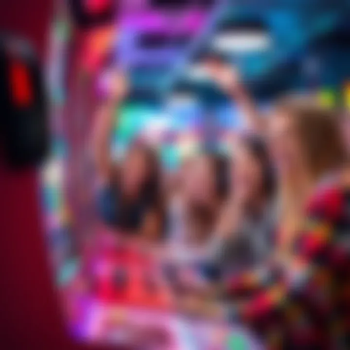 A group of happy gamers celebrating their boosted rewards while playing an arcade game