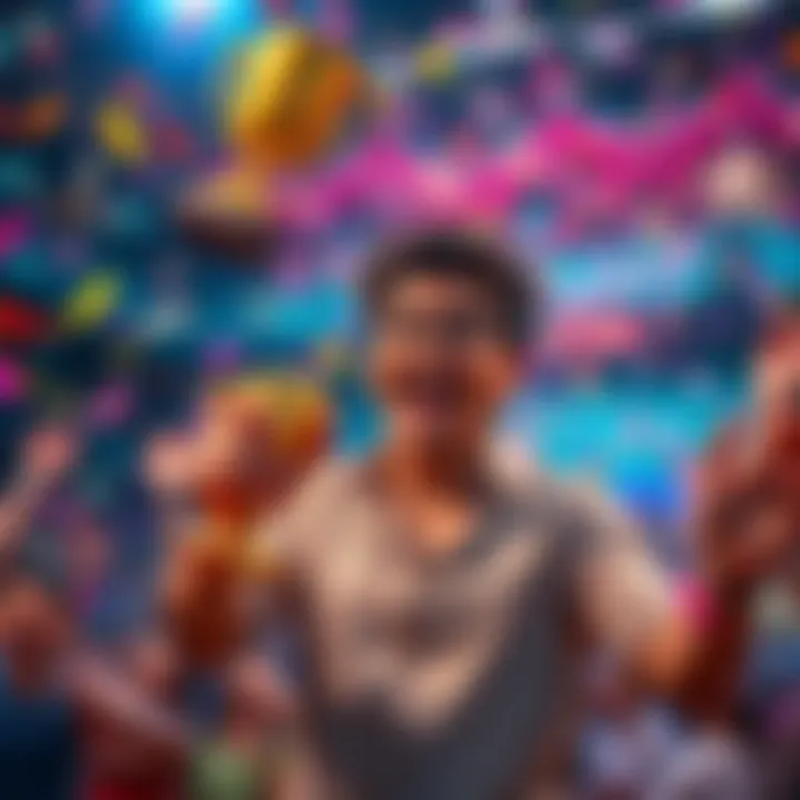 A happy person holding a trophy, celebrating their unexpected win in the Premium Rewards Ladder challenge, with confetti in the air