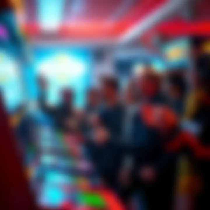 Players gather around an arcade machine celebrating a big jackpot win, with one player holding a final item to complete their collection.
