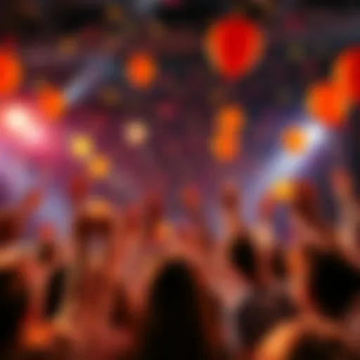 A vibrant celebration with people cheering, balloons, and confetti for a group's return.
