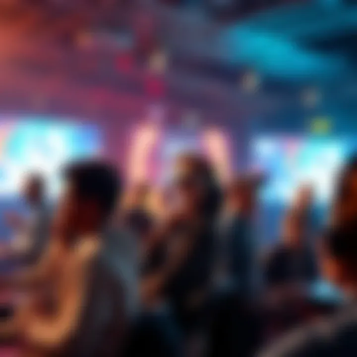Exciting Gaming Announcements A group of gamers excitedly discussing new game announcements at a gaming event