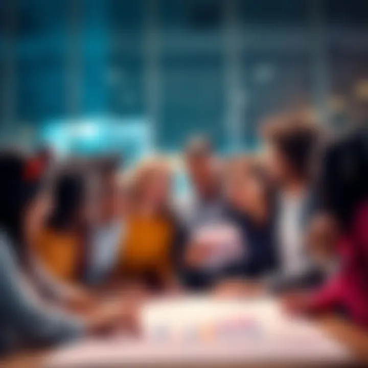 A group of diverse people enthusiastically discussing plans while looking at a chart aimed at reaching 80K, with excitement in the air.