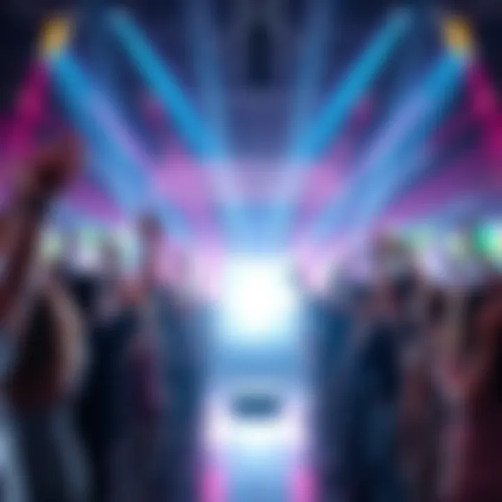 Group of people cheering and celebrating the launch of a new project with bright lights and colorful displays