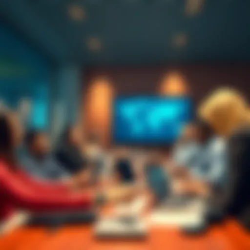 A diverse group of people eagerly discussing new updates at a conference table with charts and laptops
