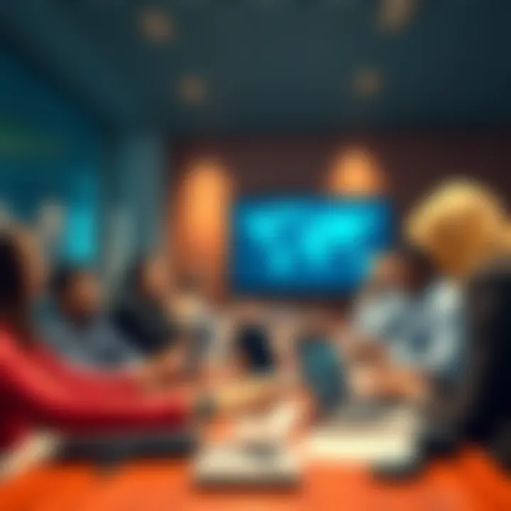A diverse group of people eagerly discussing new updates at a conference table with charts and laptops