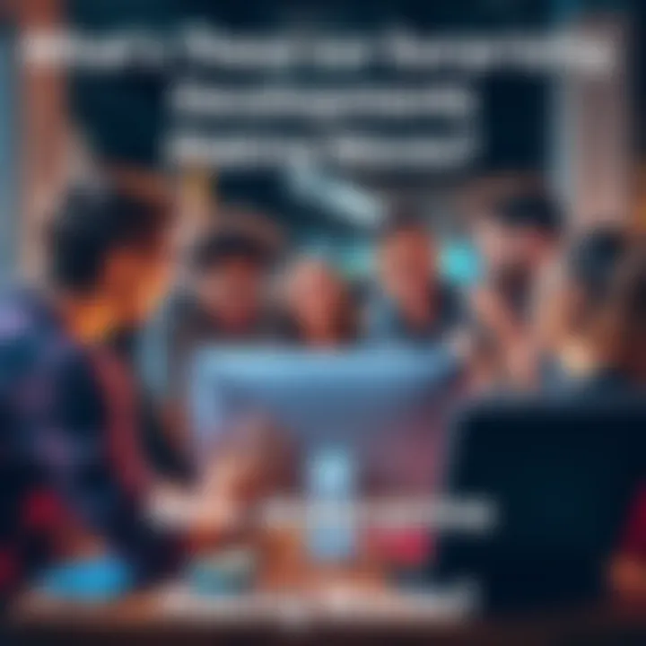 A group of diverse people engaging in animated discussions around a computer, showcasing lively reactions to surprising online developments.