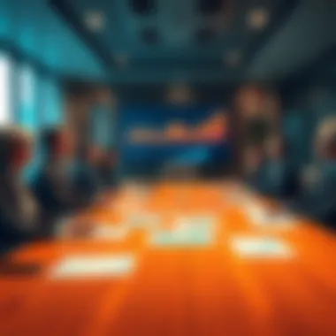 Group of business executives in a boardroom discussing the impact of AI on employment, with charts and graphs showing job stability