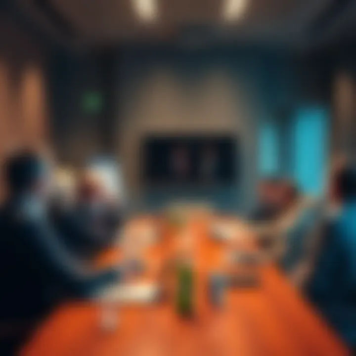 Group of business executives discussing merchant payments in a boardroom setting