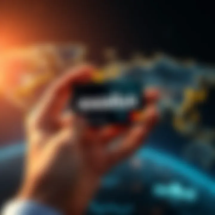 A hand holding an Exodus Card with a global map in the background, symbolizing international money transfers.