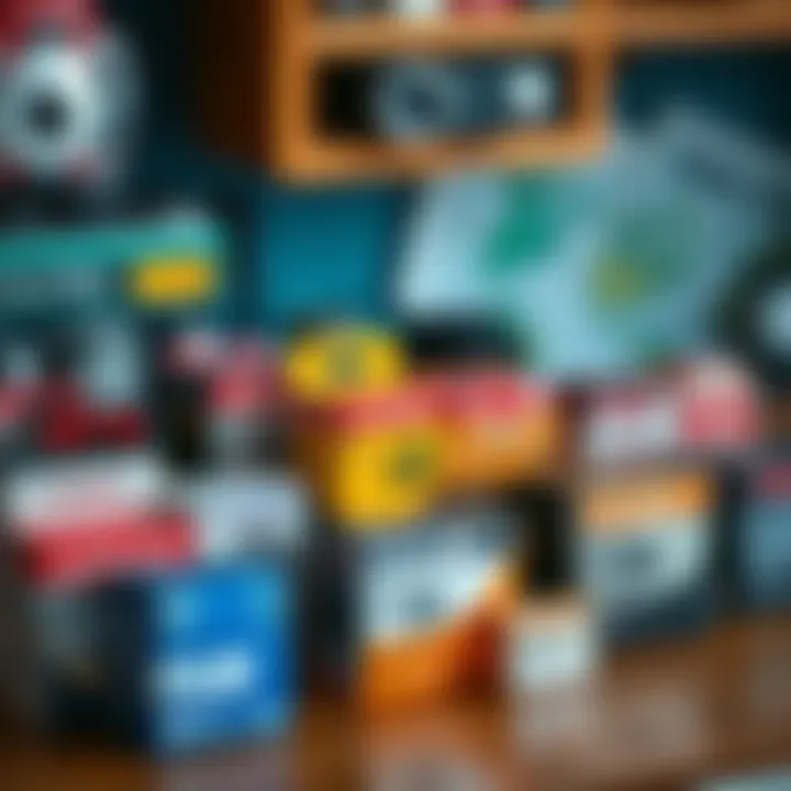 A collection of expired film boxes displayed on a table, showcasing different brands and colors, with a vintage camera in the background.