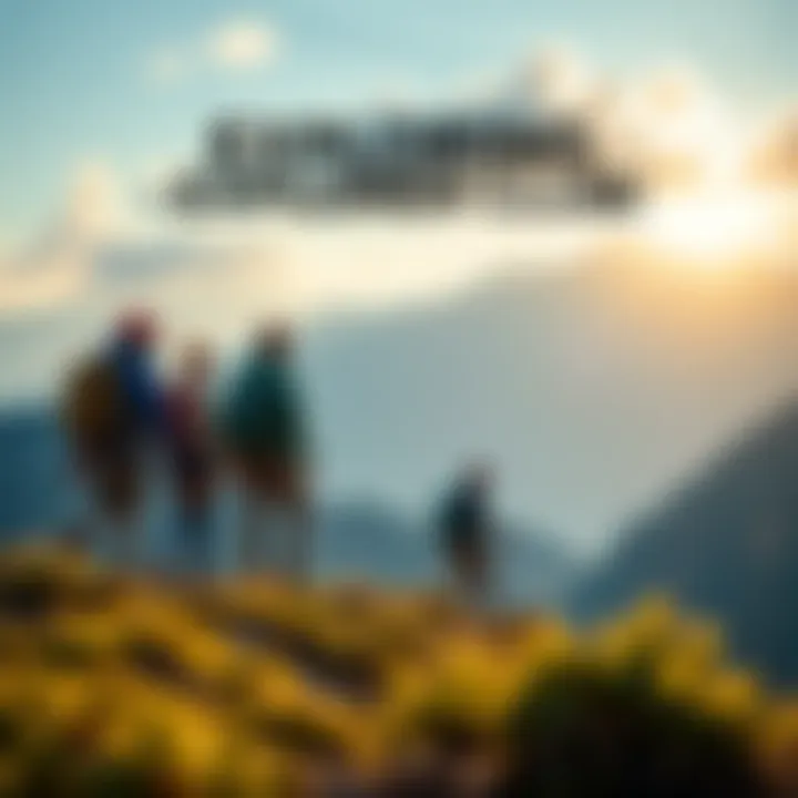 A group of adventurous people hiking in the mountains, discussing their experiences in the Explorer Club.