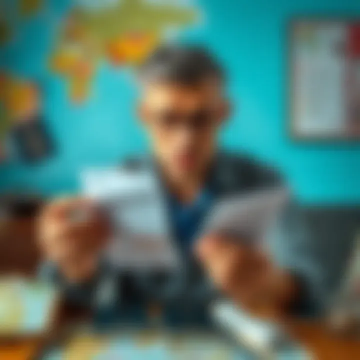 A member of the Explorer Club shows frustration while looking at unexpected costs on a receipt, surrounded by travel-related items like maps and passports.