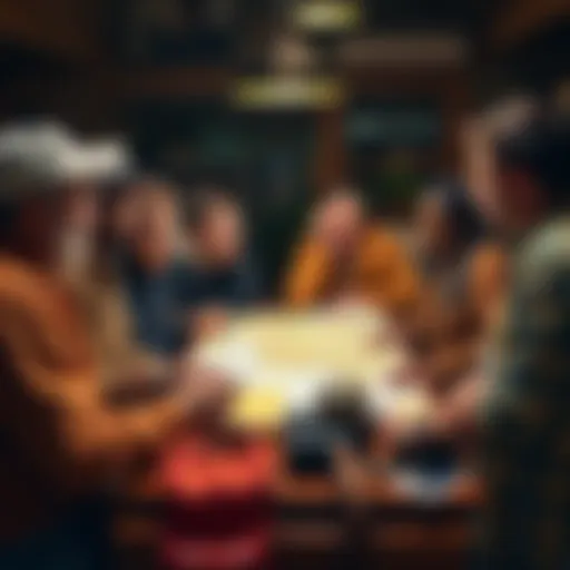 A group of diverse people discussing the benefits of the Explorers Club membership around a table with maps and exploration gear.
