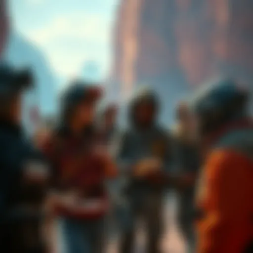 A group of newcomers discussing joining the Explorer Club, with badges and AB currency visible.