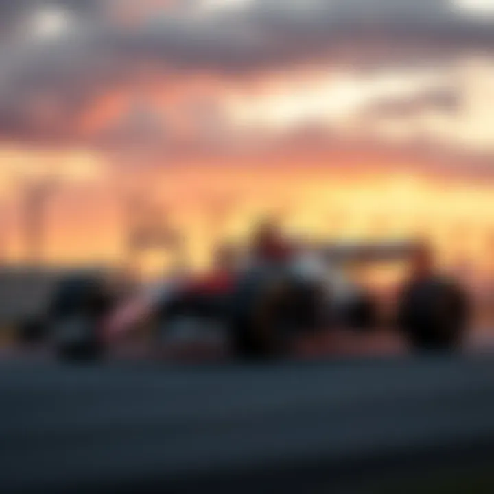 Formula 1 race car speeding on an empty track with a backdrop of tense skies, symbolizing disruptions in the racing schedule due to Middle Eastern conflicts.