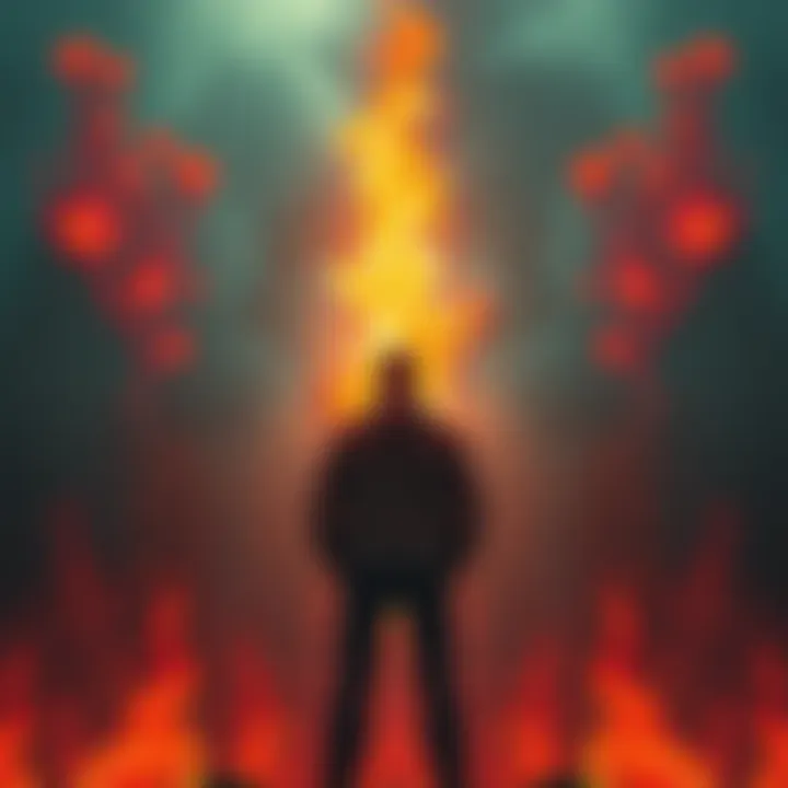 A determined individual stands tall, surrounded by flames and smoke, symbolizing the struggle between hope and uncertainty.