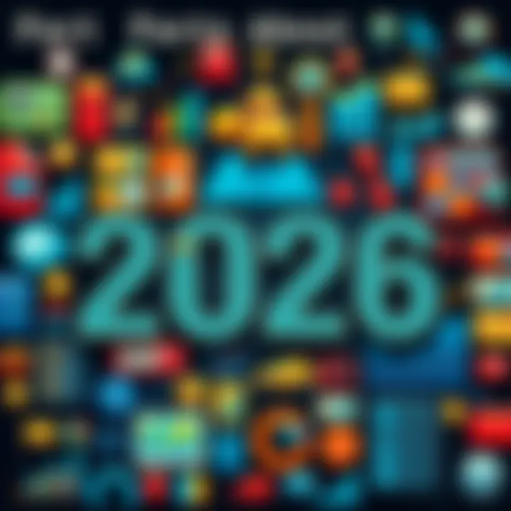 A collage of icons representing key events and statistics for the year 2026, including charts and graphs for insights.