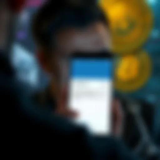 A digital representation showing a frustrated person looking at their phone displaying a failed cryptocurrency transaction notification, with Ethereum and Bitcoin symbols in the background.